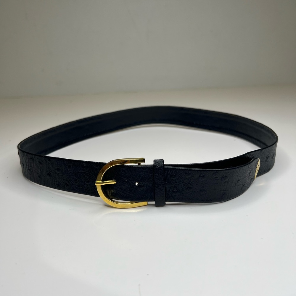 Mila Schon 1970s vintage navy ostrich with gold belt buckle.